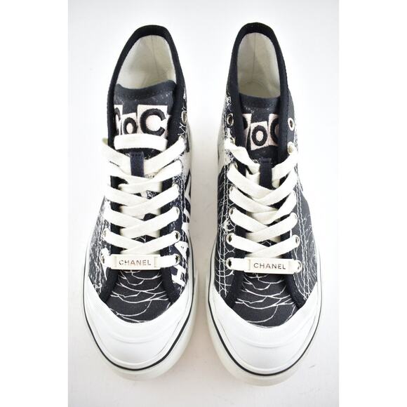 Chanel 20P Black White Fabric CC Logo Flat High Top Runner Trainer Sneaker 37 - Picture 6 of 10